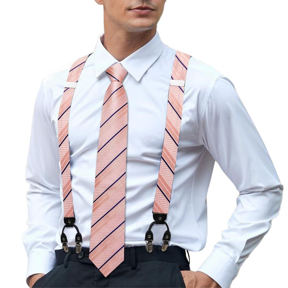 4525 Light Pink Suspenders and Tie Set Adjustable Elastic Y Braces Pocket
